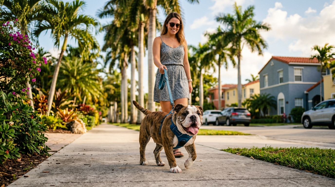 English bulldog puppy walking with owner on a Miami sidewalk
